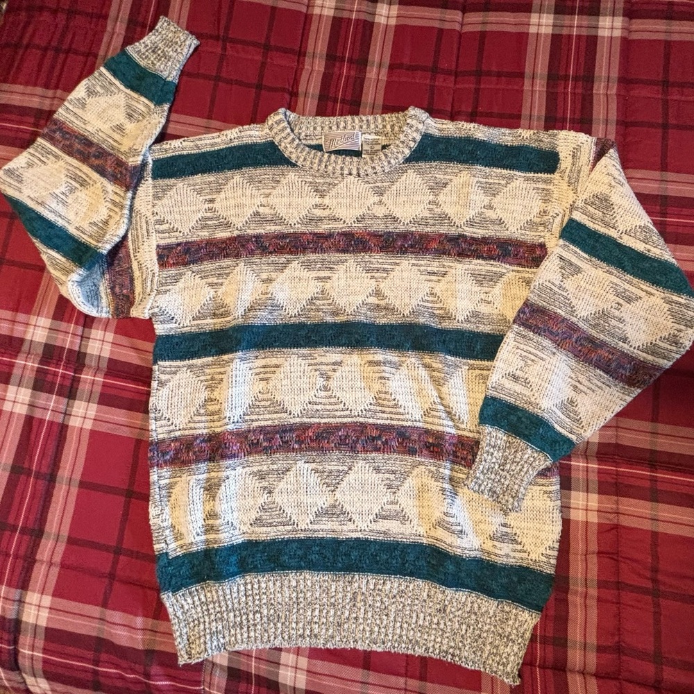 Vintage Men's Geometric Crewneck Sweater in Cream and Teal